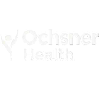 The image features the Ochsner Health wordmark in white against a solid black background. A stylized human figure with raised arms appears to the left of the text. The design is minimalistic and high contrast, emphasizing clarity and readability. The overall look is clean, professional, and modern.
