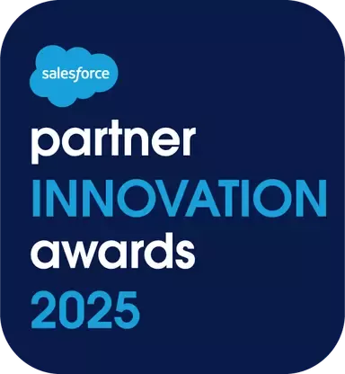 Square badge graphic for the Salesforce Partner Innovation Awards 2025. The design features a dark blue background with rounded corners and bold light blue and white typography. The Salesforce cloud mark appears at the top, followed by the words partner, INNOVATION, awards, and the year 2025. The overall style is clean, modern, and professional, suitable for digital recognition and event promotion.