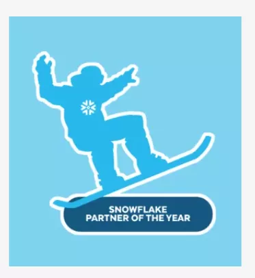 Graphic illustration of a snowboarder silhouette on a light blue background. The snowboarder is mid-jump with arms raised and a snowflake icon on the chest. Below the figure, a dark blue rounded rectangle contains the text “SNOWFLAKE PARTNER OF THE YEAR.” The overall design uses bold outlines and a simple, flat style to emphasize the award message.