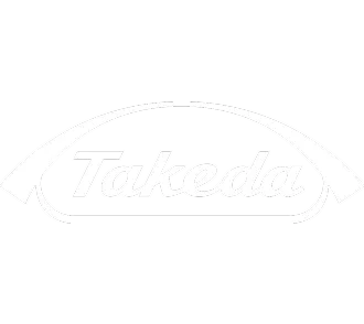 White Takeda emblem is centered on a solid black background. The design features the word "Takeda" in a stylized script enclosed within a curved arch shape. Clean monochrome contrast emphasizes the text and simple graphic form. The overall look is minimal, bold, and highly legible.