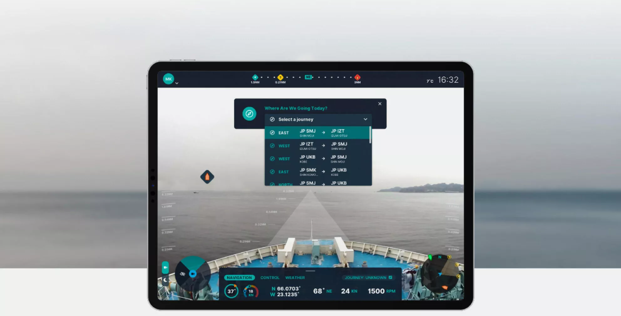 Single iPad screen showing navigation interface.