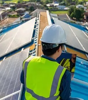 Solar panel worker on roof