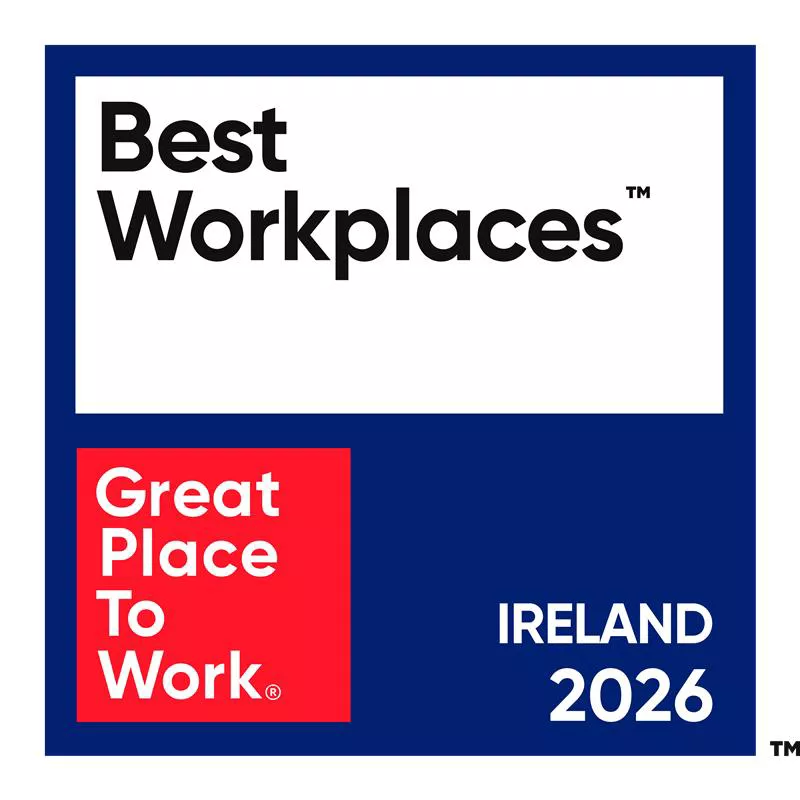 Square badge features the text 'Best Workplaces' in bold black letters on a white background. The lower section includes a red box with 'Great Place To Work' and a blue area with 'IRELAND 2026' in white text. The design uses a clean, modern style with a blue, red, and white color palette.