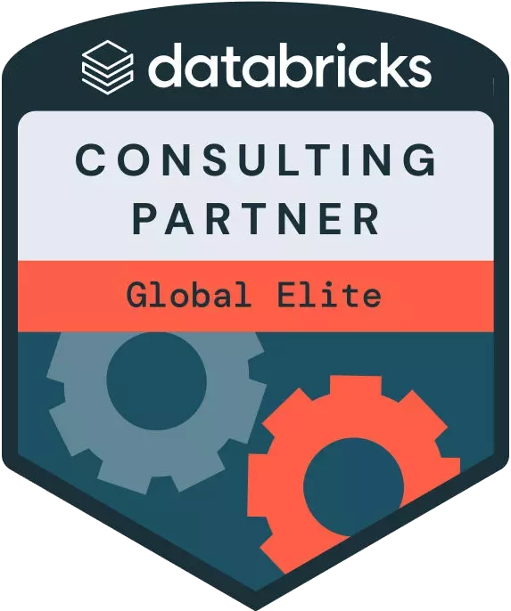 Digital badge featuring the Databricks Consulting Partner Global Elite designation. The badge has a shield-like shape with teal, dark blue, and orange sections. Two interlocking gear icons appear at the bottom, emphasizing technology and engineering. Text elements clearly state "databricks", "CONSULTING PARTNER", and "Global Elite".