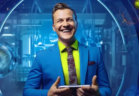 Man holding a table and laughing in blue suit with abstract background