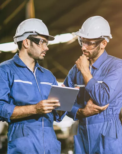 Two field workers talking and looking at a mobile device on a job site