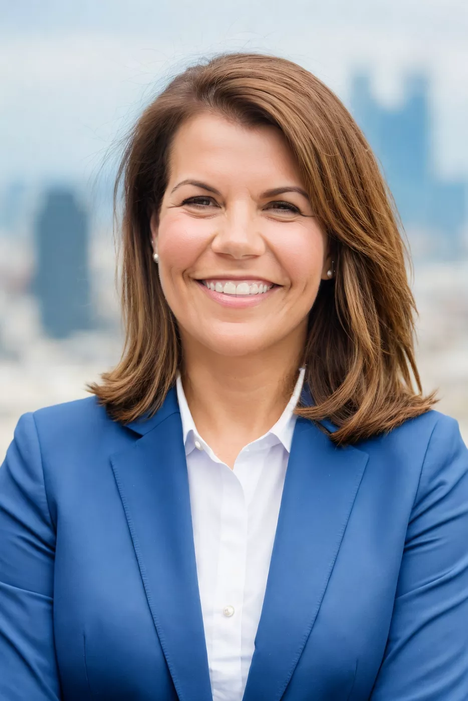 A professional woman in a blue blazer smiles confidently at the camera. She stands outdoors with an urban skyline softly blurred in the background. The image conveys approachability, leadership, and corporate professionalism. Natural daylight and neutral tones create a clean, modern business portrait.