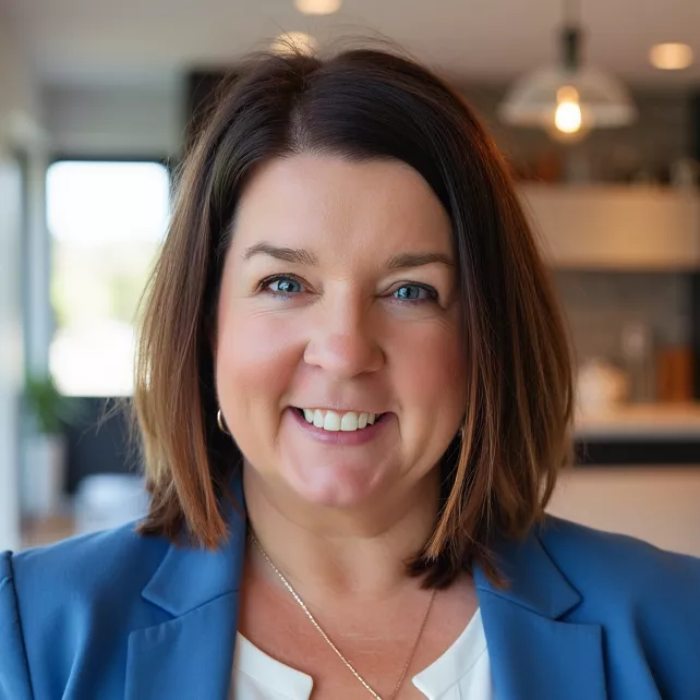 Portrait of a middle-aged woman smiling warmly at the camera in a bright, contemporary kitchen setting. She wears a blue blazer over a light top, suggesting a professional or business context. Soft natural light and blurred background elements create a welcoming, casual atmosphere. The image conveys approachability, confidence, and modern lifestyle.