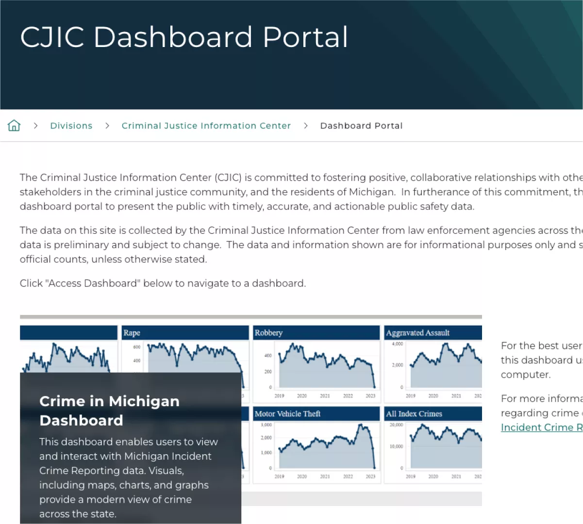 CJIC Dashboard Portal crime data overview