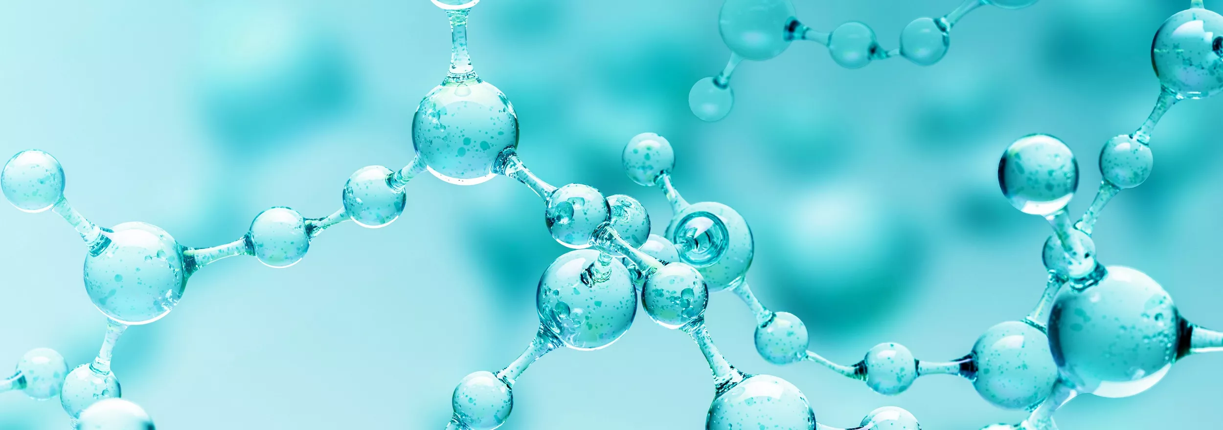 Transparent blue abstract molecule model over blurred blue molecule background. Concept of science, chemistry, medicine and microscopic research. 3d rendering copy space.