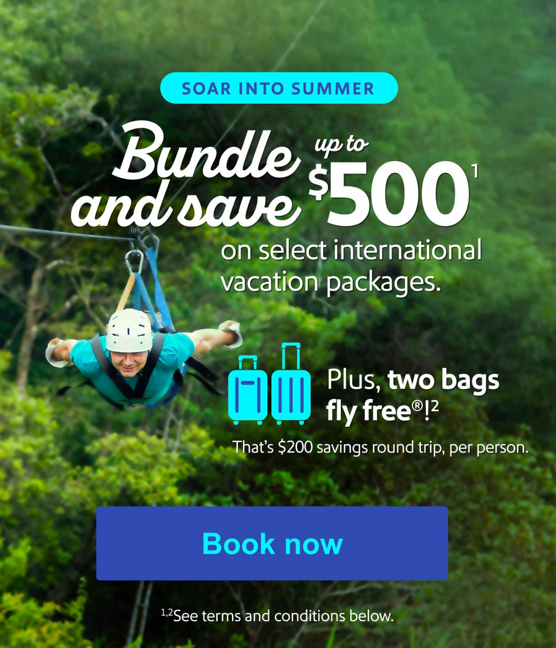 Soar into summer. Bundle and save up to $500(1) on select international vacation packages. Plus, two bags fly free®!(2) That’s $200 savings round trip, per person. (1)(2)See terms and conditions below. [Book now]