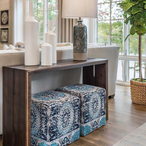 Console table with deals poufs