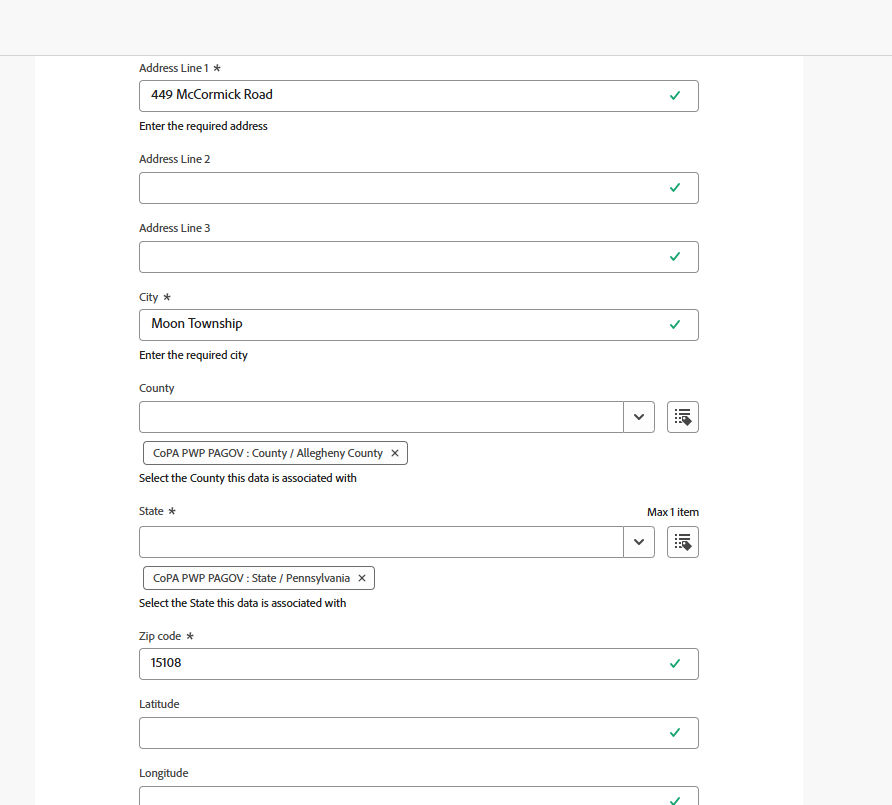 Continuation of the Location Card - Address in the Content Fragment, showing the address fields.