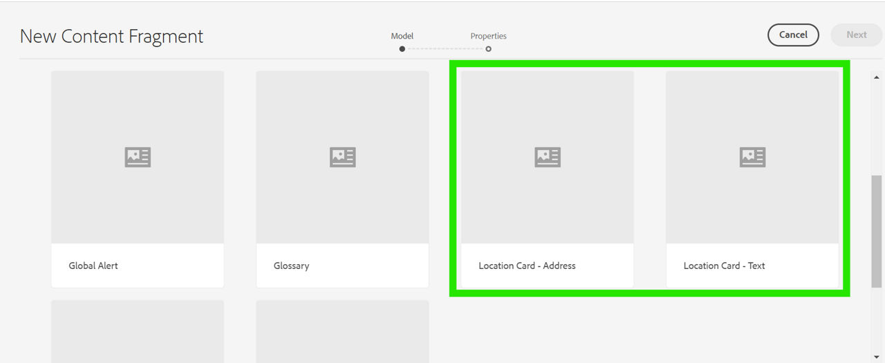 Content Fragment selection screen, with both Location Card types highlighted.