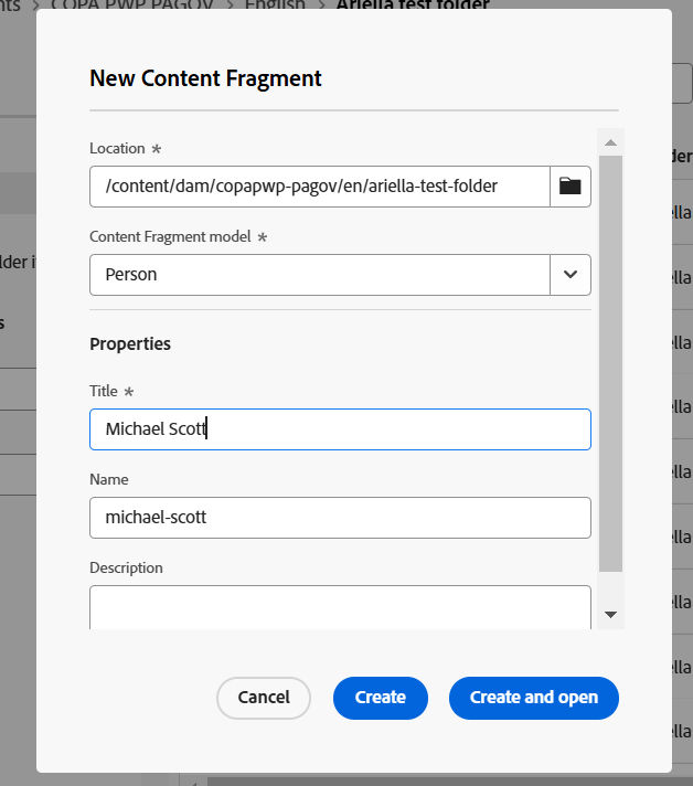 Property fields of new content fragment