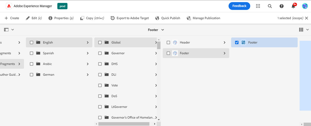 The Experience Fragment site hierarchy page, with the Footer selected.