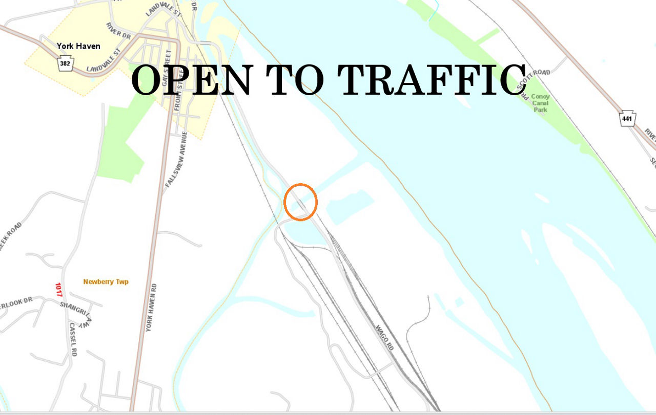 Image shows the location of the Wago Road (Route 1019) bridge in York County.