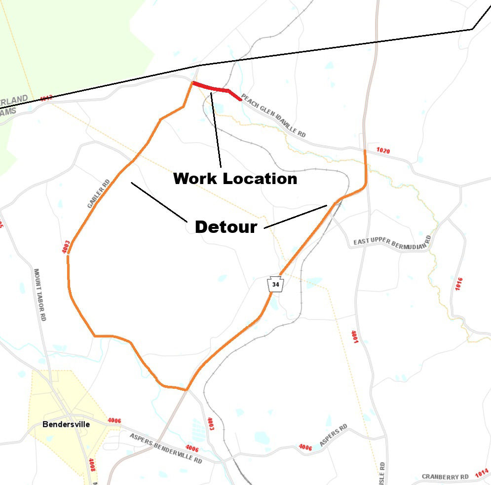 Location of pipe replacement on Peach Glen-Idaville Road (Route 1020) in Huntington Township, Adams County