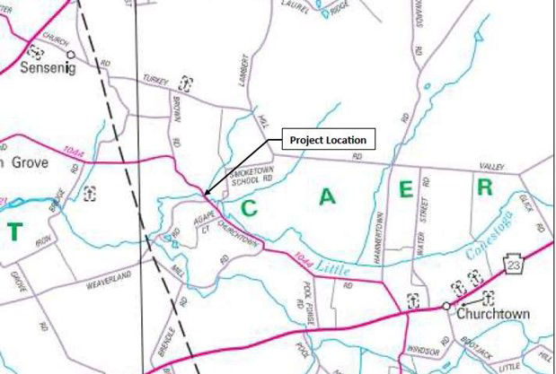 Location of North Churchtown Road bridge replacement project over Little Conestoga Creek in Caernarvon Township, Lancaster County. 