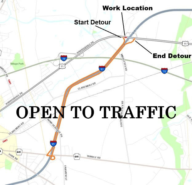 Map shows location of culvert work on northbound Route 11 near Carlisle, PA. The map includes the text "Open to Traffic."