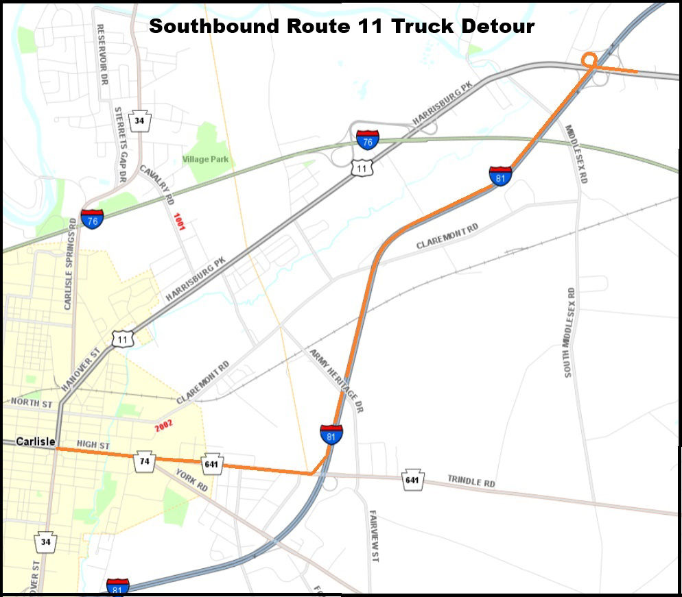 Southbound Route 11 truck detour.