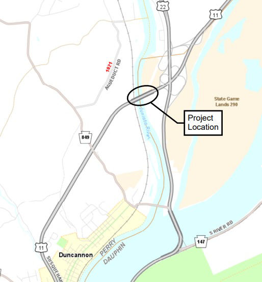 Location of US 11/15 bridge preservation project over the Juniata River in Reed Township, Dauphin County, and Penn Township, Perry County.