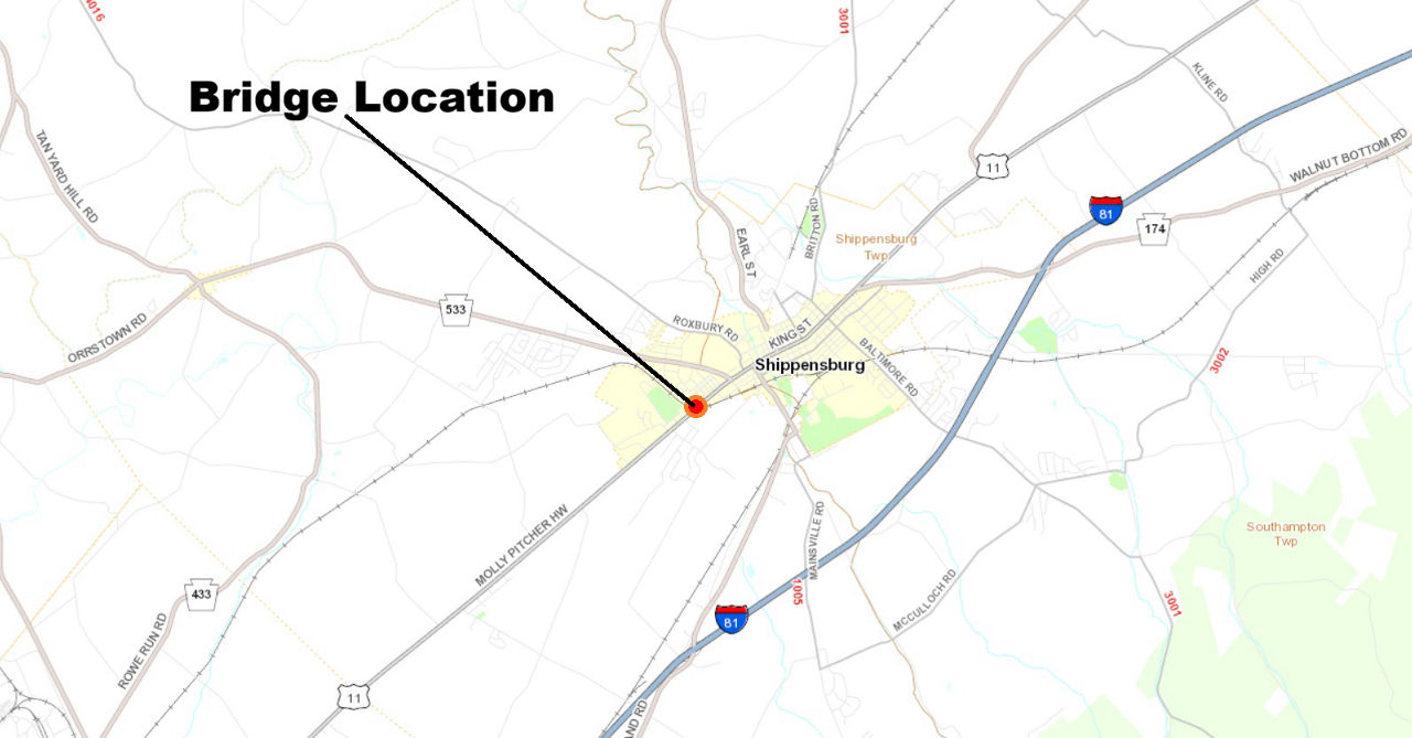 map indicating bridge location