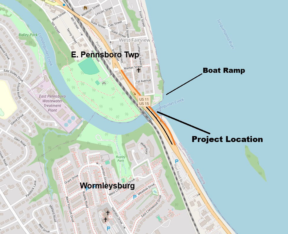 Location of northbound Route 11/15 bridge over Conodoguinet Creek in Cumberland County.