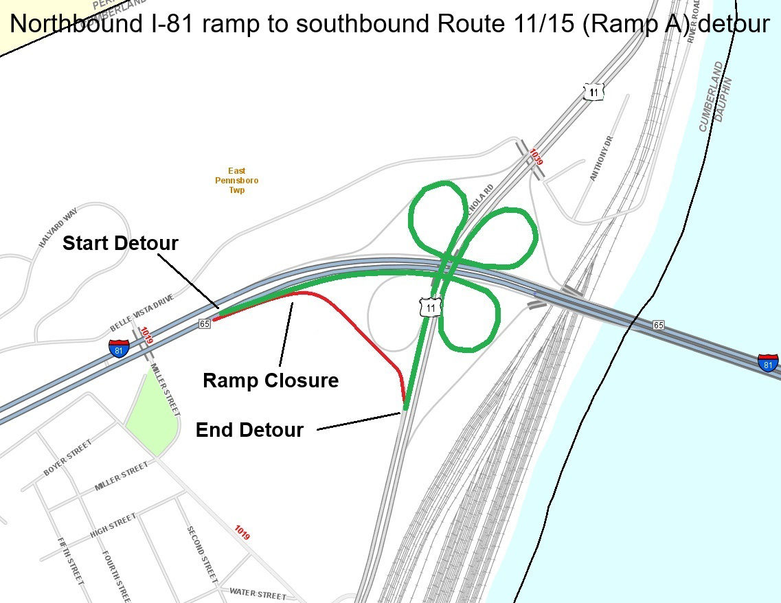 Map shows Ramp A detour.