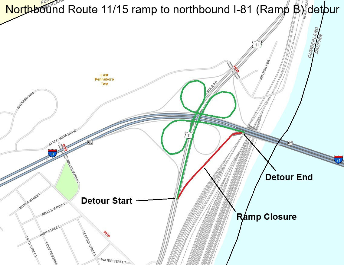 Map shows Ramp B detour.
