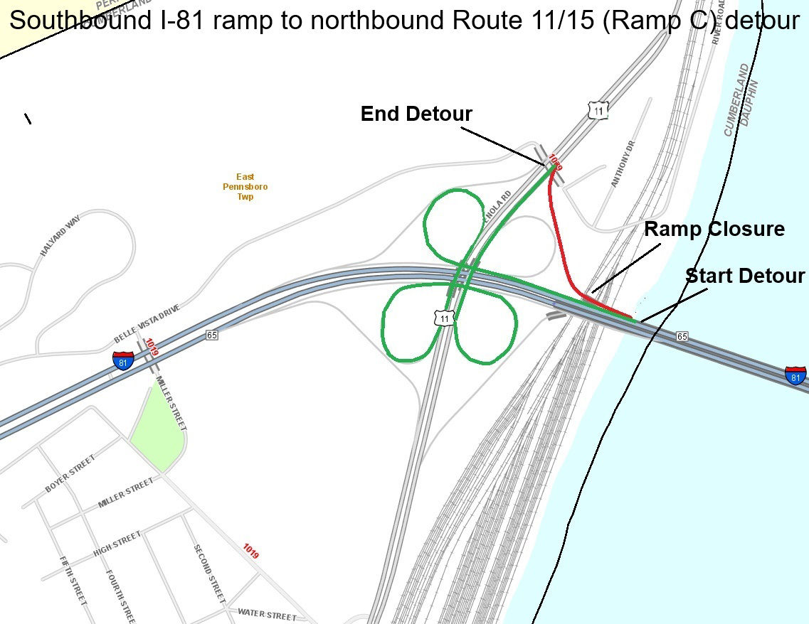 Map shows Ramp C detour.