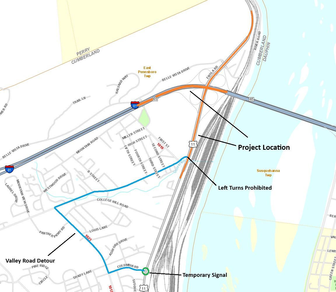 Map shows limits of work on Route 11/15 and I-81 in Cumberland County. Also shown is the location of a temporary traffic signal at Route 11/15 and E. Columbia Road (Route 1017) to facilitate a detour for Valley Road, which will be closed to left turns onto and from northbound Route 11/15 due to work at the intersection. 
