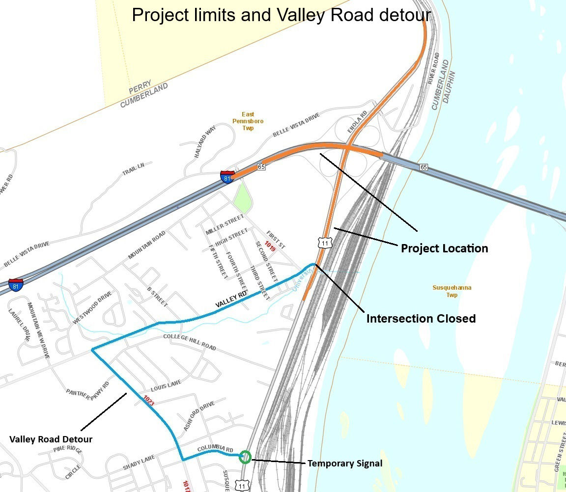 Map shows location of work on Route 11 and I-81 in Cumberland County. A detour for Valley Road is also shown.