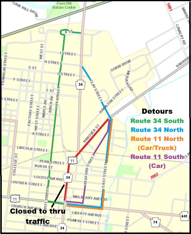 Color coded detour routes for Route 11 roundabout work in Carlisle