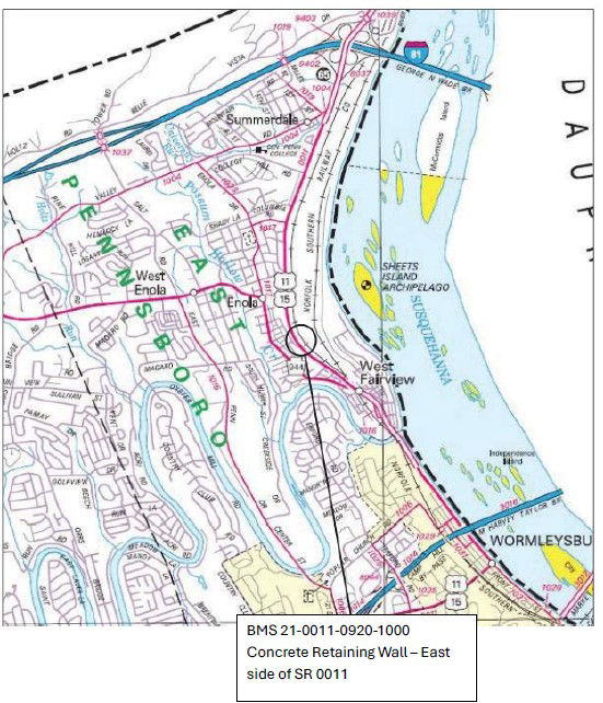 Location of South Enola Road (Route 11) retaining wall stabilization project.