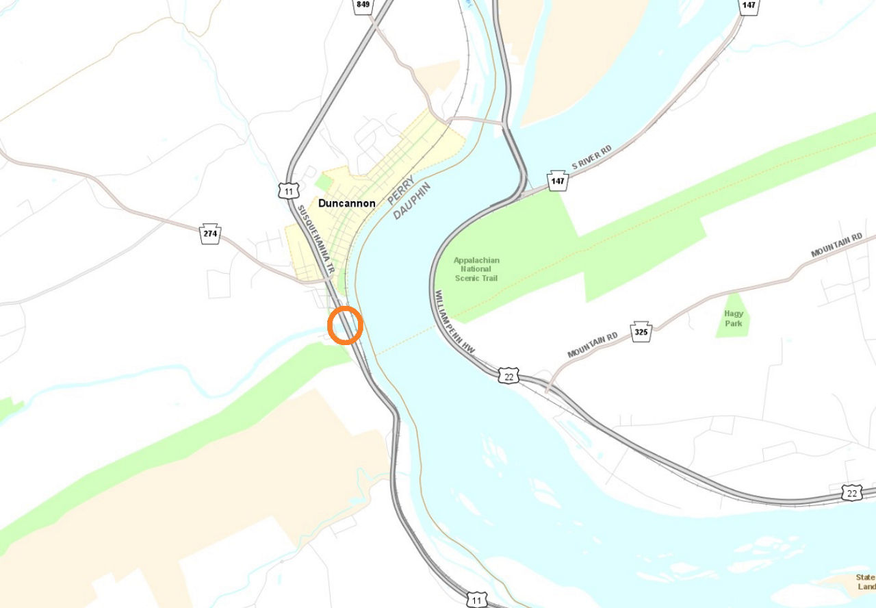 Location of bridge inspection on Route 11/15 just south of Duncannon in Perry County.