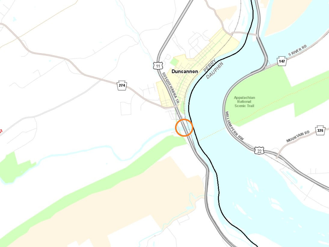 Location of bridge inspection on Route 11/15 on Perry County.