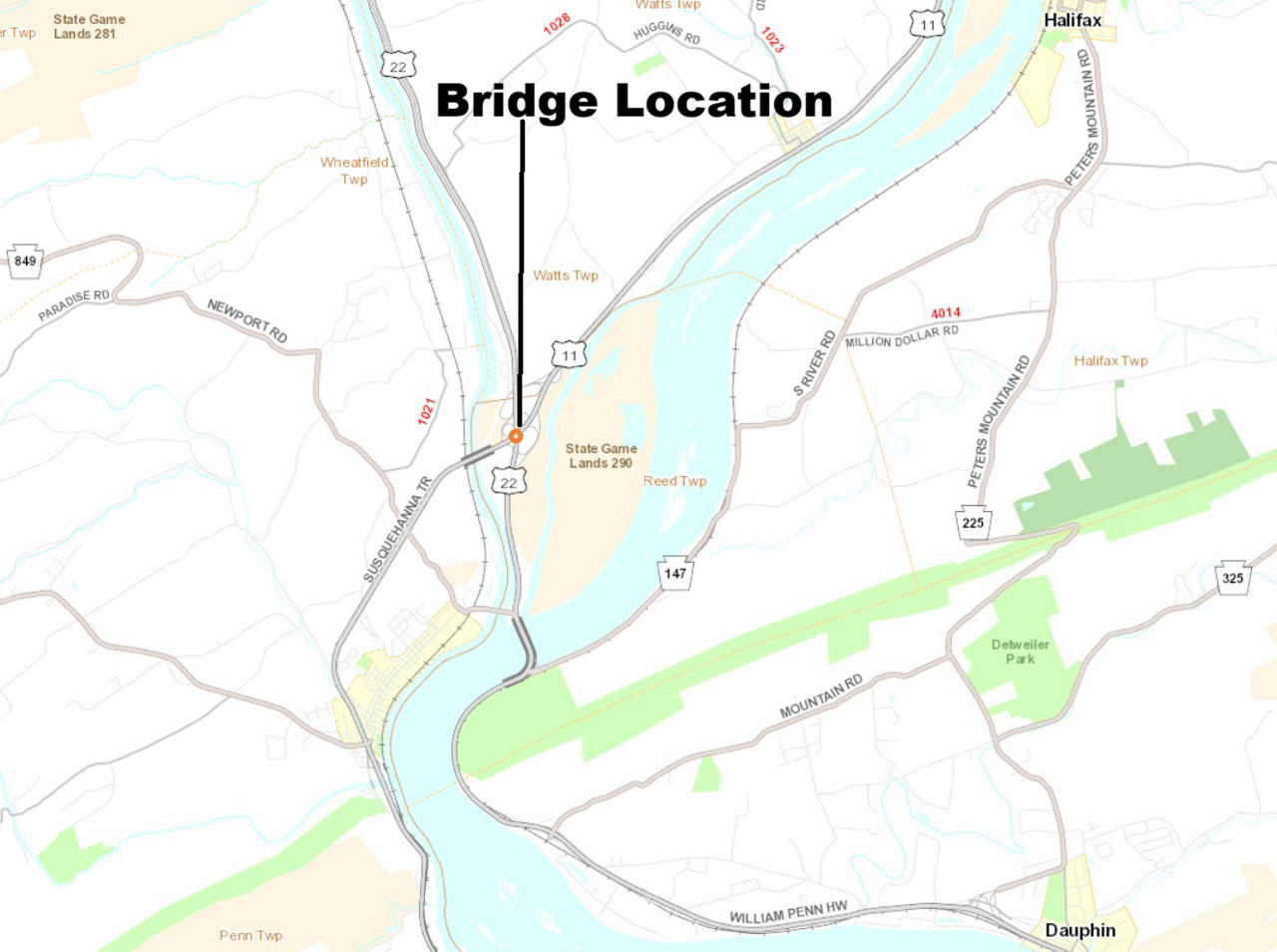map indicating bridge location