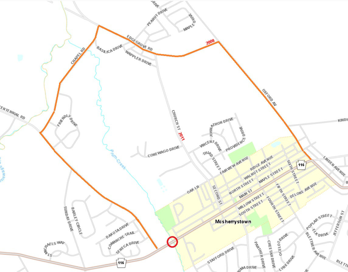 Location of Route 116 bridge at McSherrystown Borough/Conewago Township line in Adams County.