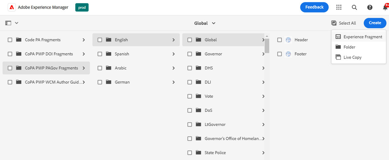 Pathway to access header experience fragment example