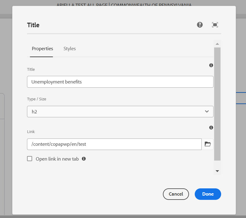 The Properties tab in the Title authoring dialog. Fields explained below.