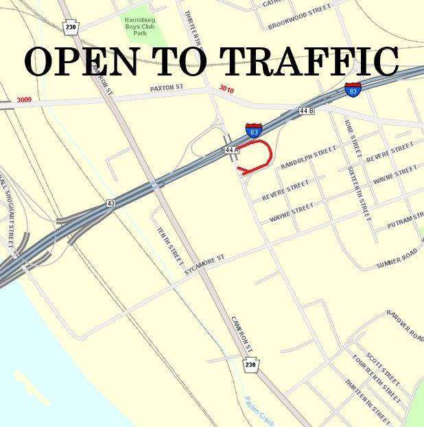 Northbound I-83 ramp to 13th Street at Exit 44A in Harrisburg is open to traffic.