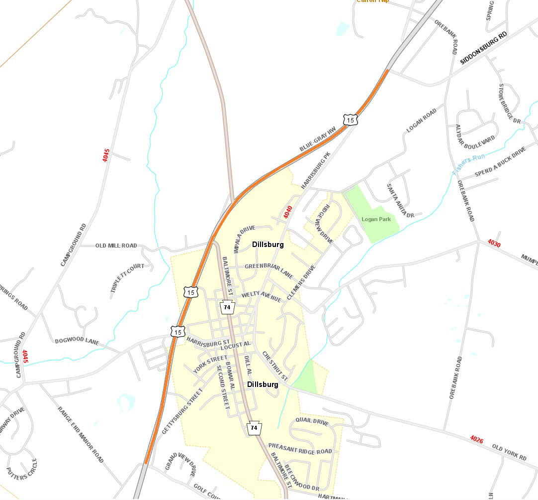Map shows location of milling and paving on southbound Route 15 in the Dillsburg area.