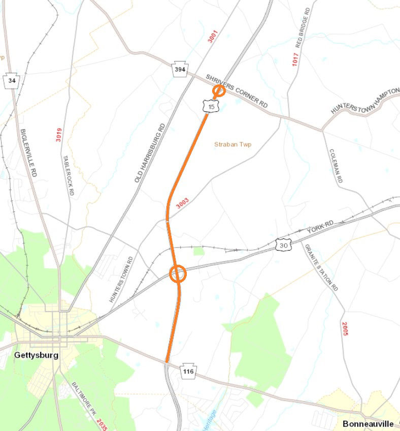 Image shows location of line painting on northbound Route 15 in Adams County.