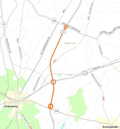 Location of line painting on northbound Route 15 near Gettysburg in Adams County.