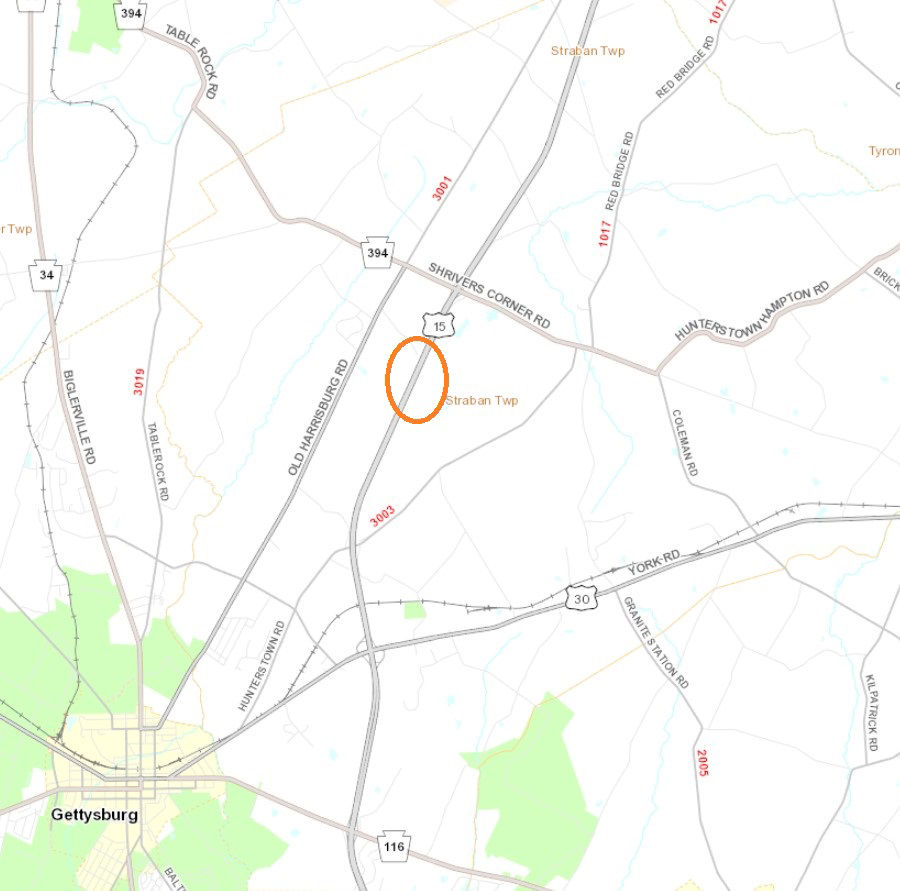 Map shows location of pavement repairs on northbound Route 15 in Adams County