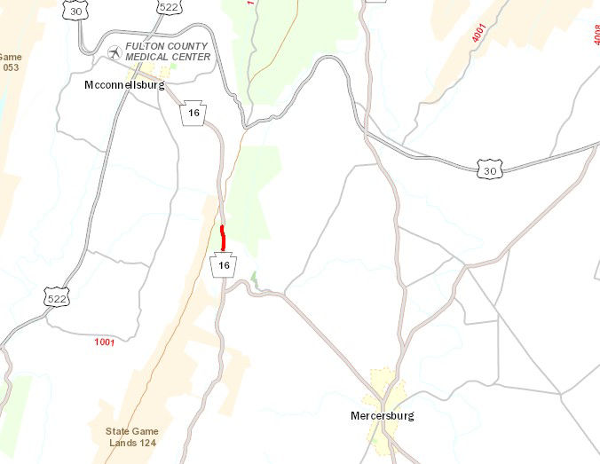 Image shows location of embankment stabilization project on Route 16 in Franklin County.