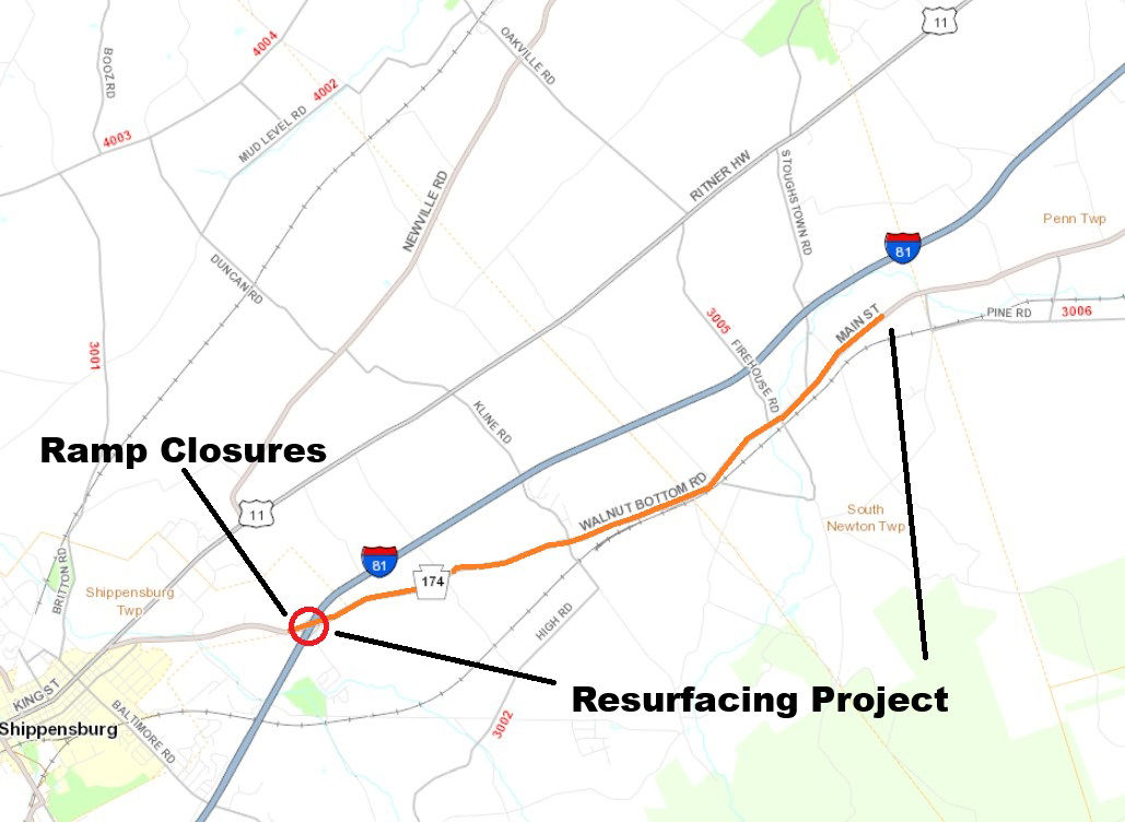 Location of resurfacing project on Route 174 in Cumberland County. It also shows location of temporary ramp closures at the Route 174/Interstate 81 interchange.