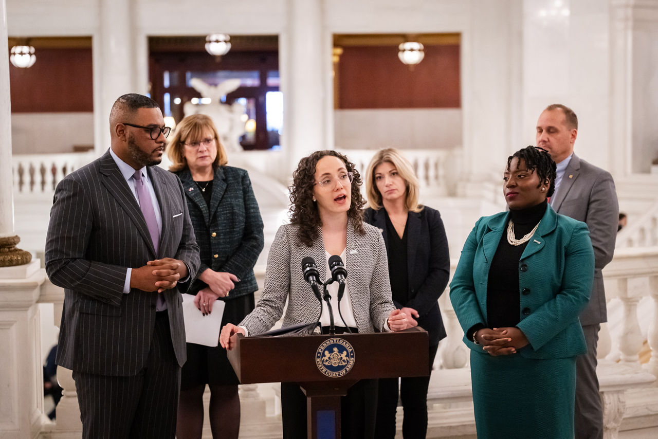 Gabriella Romeo, Public Policy Director for the Pennsylvania Coalition to Advance Respect (PCAR), highlights a $2.5 million federal award to establish a new statewide sexual assault kit tracking system to transform the Commonwealths ability to support survivors of sexual violence, in Harrisburg, PA on January 27, 2025.