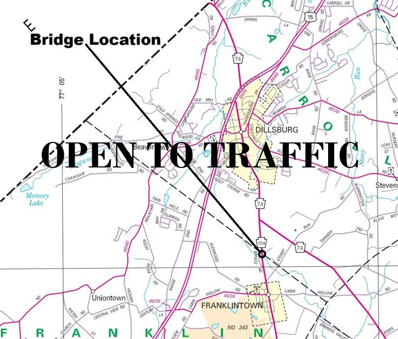Location of Route 194 bridge in York County, which is now open to traffic after being replaced.